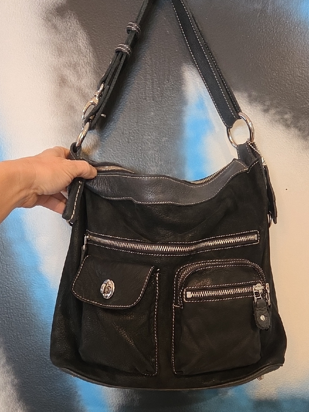 Roots Black Leather Suede Shoulder Bag with Front Pockets